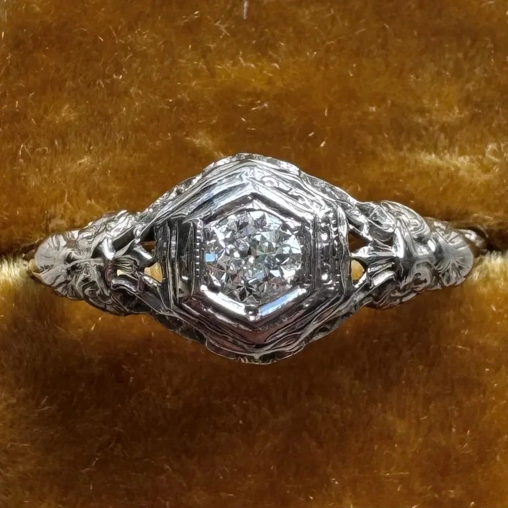 Antique Filigree 14k White Gold Old Mine Cut Diamond Engagement Ring - Picture 1 of 16